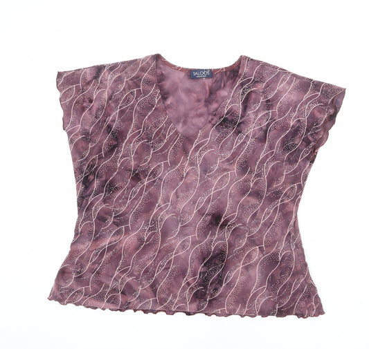 Saloos Womens Purple Geometric Polyester Basic T-Shirt Size XL V-Neck