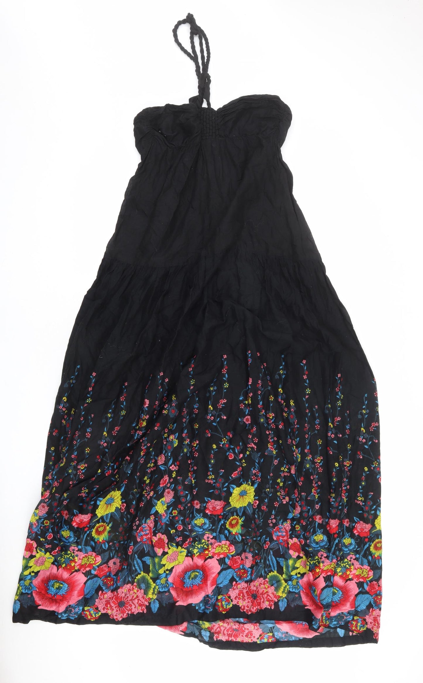 Topshop Womens Black Floral 100% Cotton Maxi Size L Halter Tie