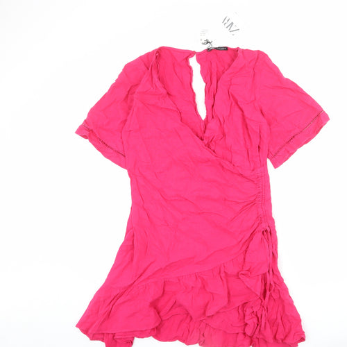Zara Womens Pink Linen Wrap Dress Size L V-Neck Zip