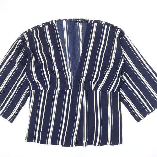 Boohoo Womens Blue Striped Polyester Basic Blouse Size 22 V-Neck