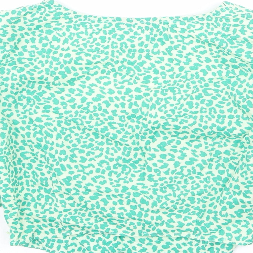 Topshop Womens Green Animal Print 100% Cotton Cropped Blouse Size 8 Square Neck
