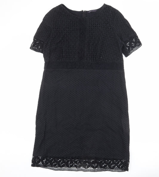 Marks and Spencer Womens Black 100% Cotton Shift Size 14 Round Neck Zip - Lace