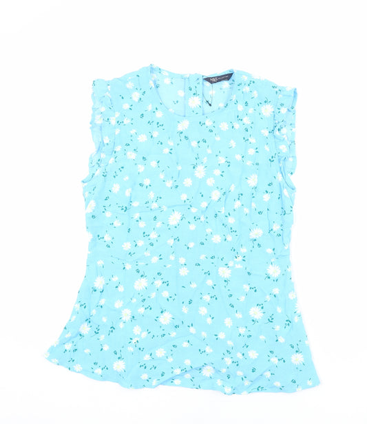 Marks and Spencer Womens Blue Floral Viscose Basic Tank Size 12 Round Neck