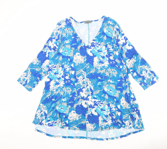 Patra Womens Blue Floral Viscose Tunic Blouse Size L V-Neck