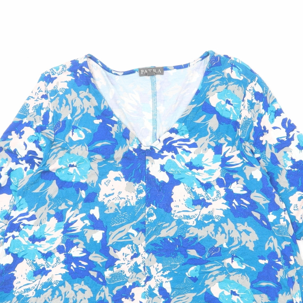 Patra Womens Blue Floral Viscose Tunic Blouse Size L V-Neck