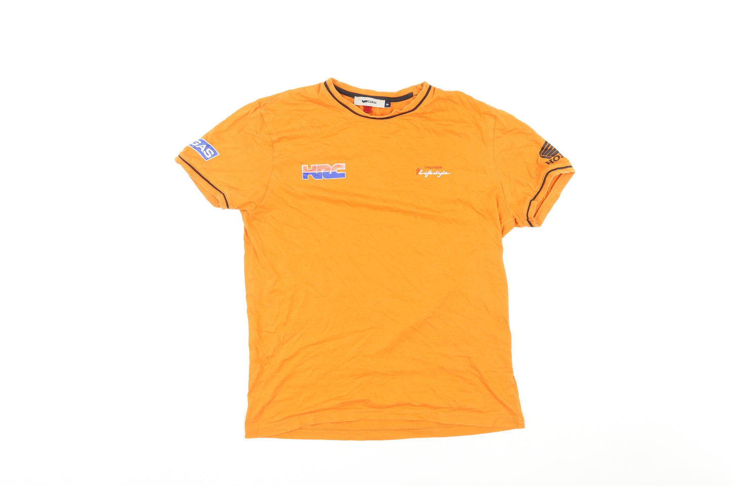 GAS Mens Orange Cotton T-Shirt Size M Crew Neck - Honda Racing