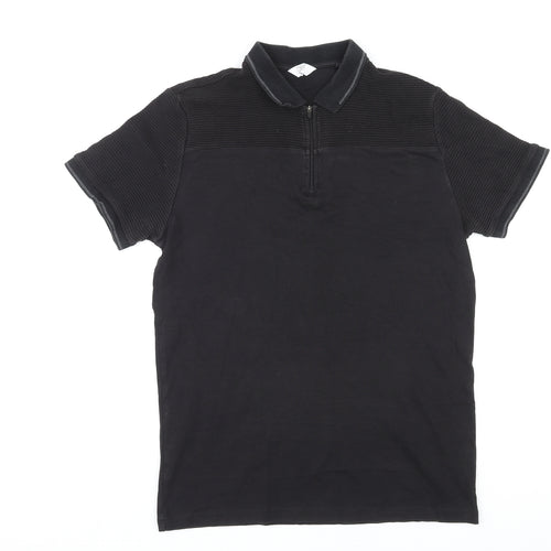 NEXT Mens Black Cotton Polo Size M Collared Zip - Ribbed