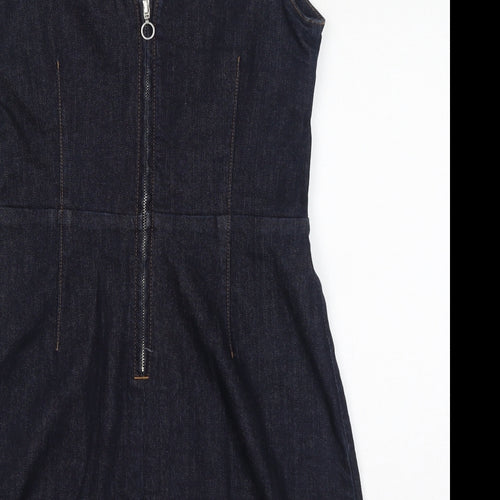 Moto Womens Blue Cotton Pinafore/Dungaree Dress Size 10 V-Neck Zip
