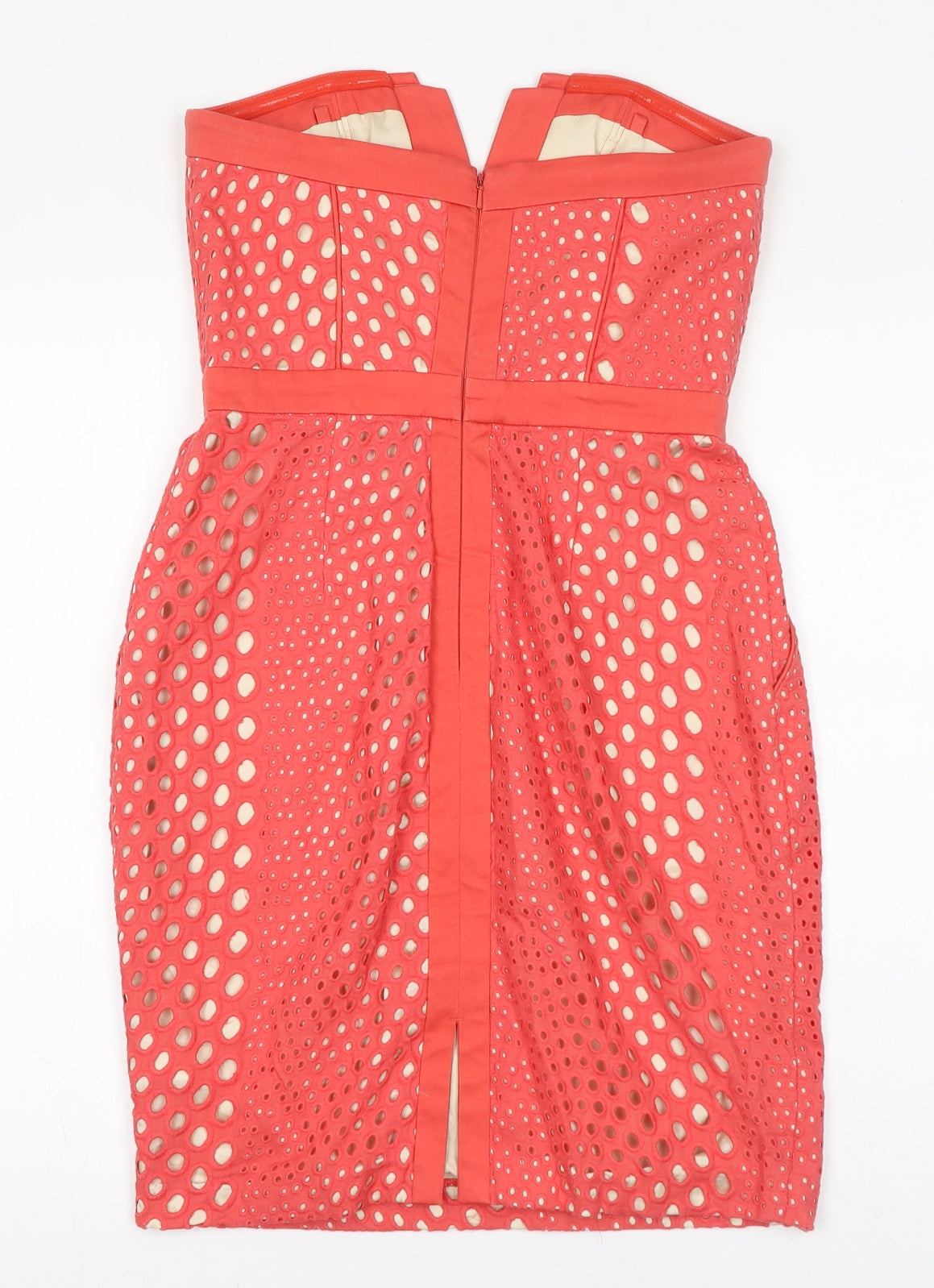 Warehouse Womens Pink Polka Dot Cotton Pencil Dress Size 10 V-Neck Zip