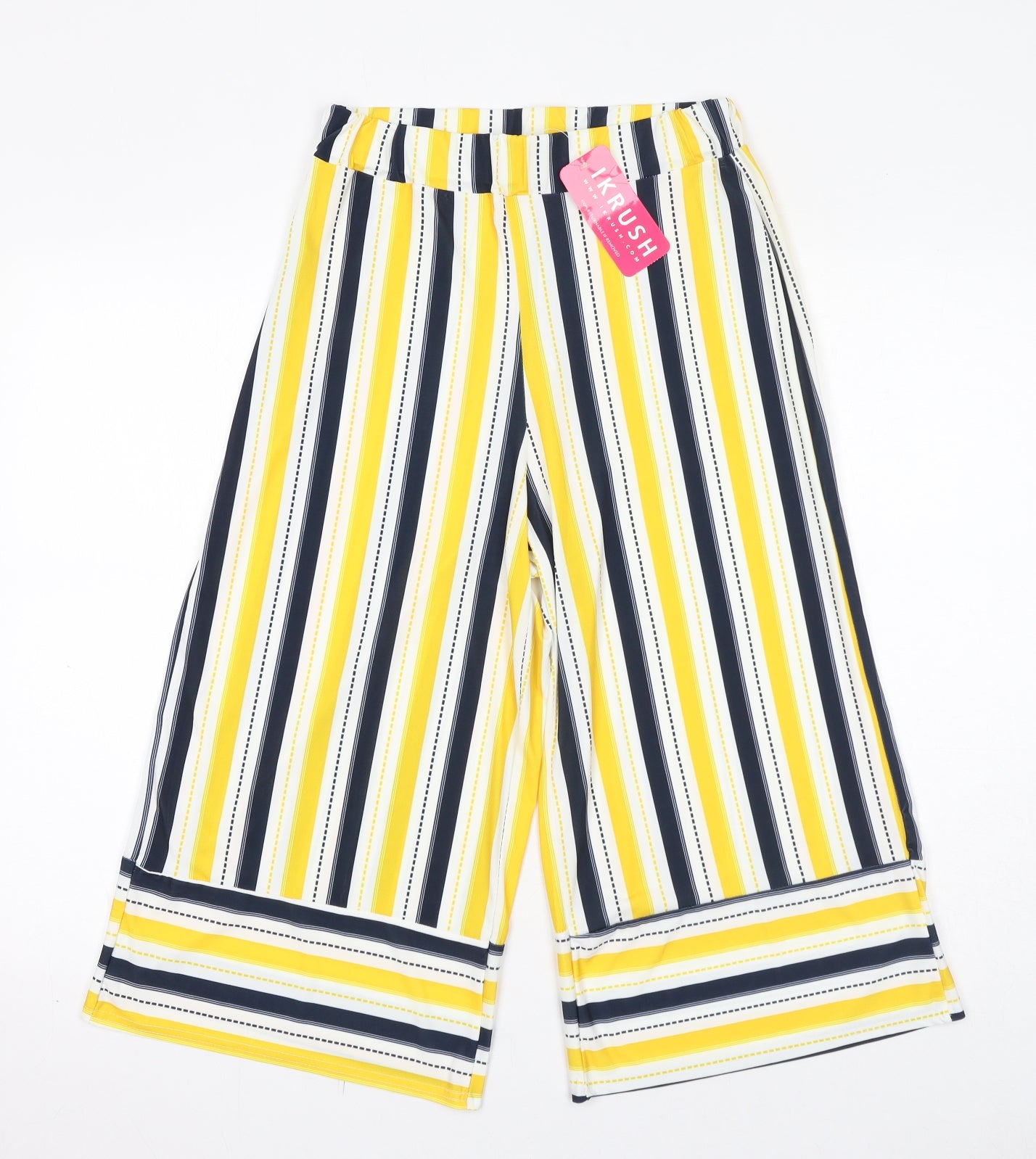 Ikrush Womens Yellow Striped Polyester Trousers Size 10 L18 in Regular Pull On