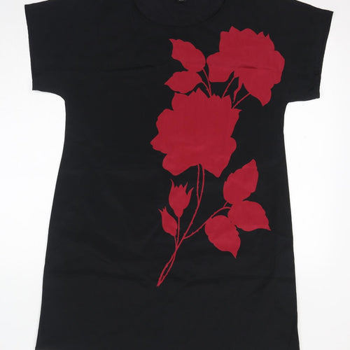 DKNY Womens Black Silk T-Shirt Dress Size L Round Neck Pullover - Flower Print