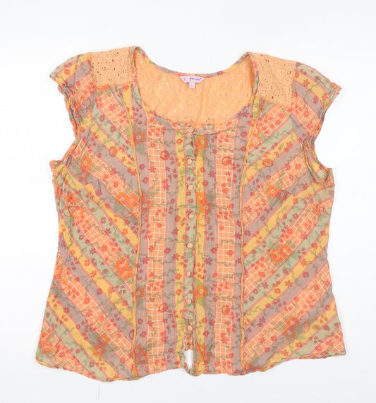 Per Una Womens Orange Floral Cotton Basic Button-Up Size 16 Round Neck