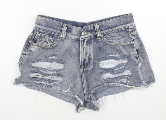 PRETTYLITTLETHING Womens Blue Cotton Cut-Off Shorts Size 8 L3 in Regular Zip - Distressed