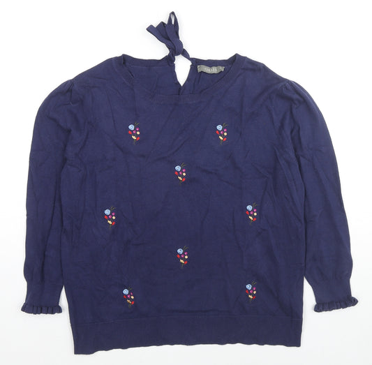 Oasis Womens Blue Round Neck Cotton Pullover Jumper Size M - Flower detail