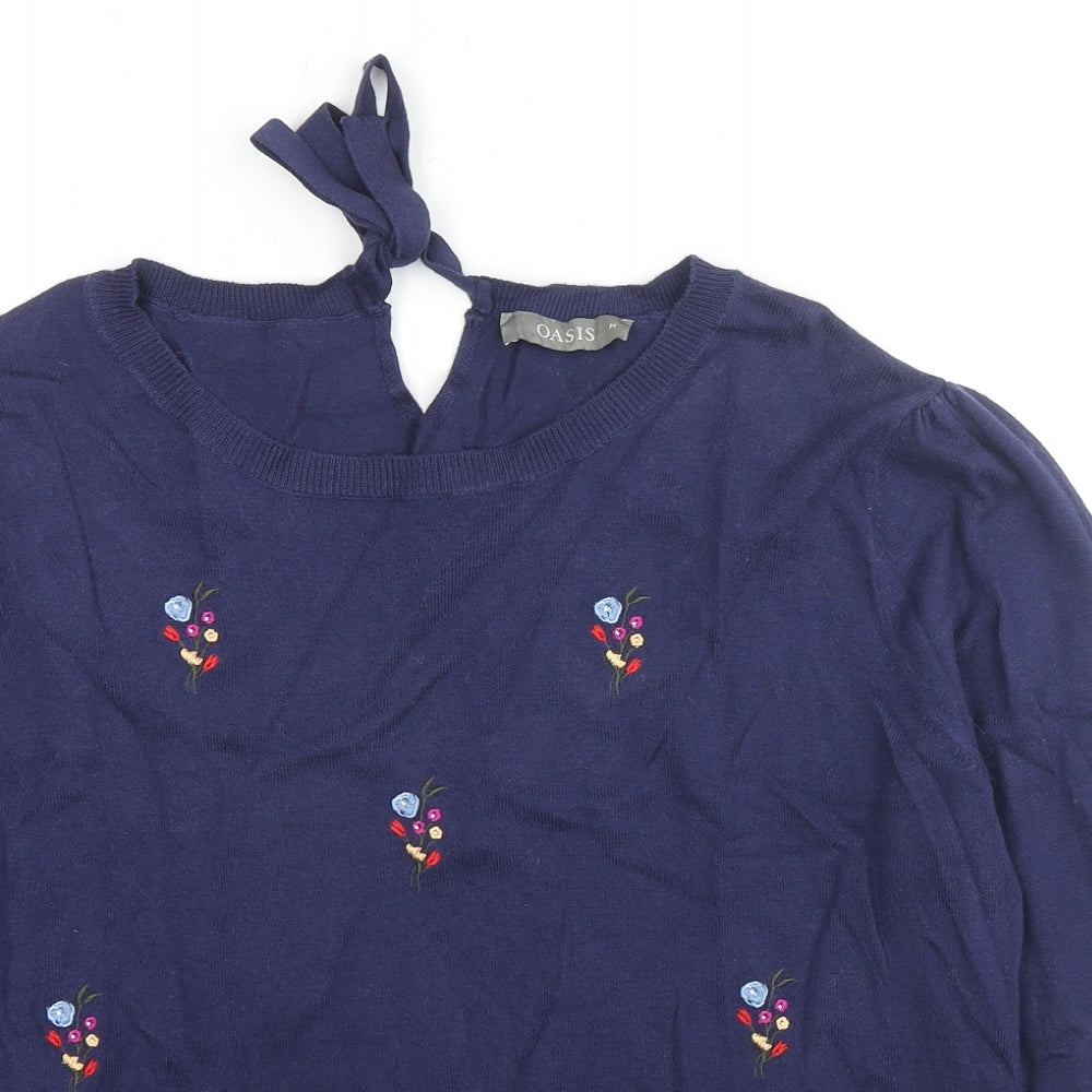 Oasis Womens Blue Round Neck Cotton Pullover Jumper Size M - Flower detail