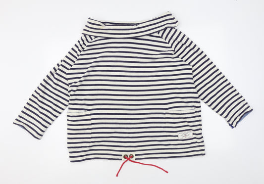 Joules Womens White Striped Cotton Jersey Blouse Size 16 Mock Neck - Drawstring