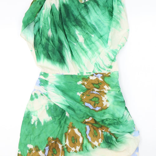 Zara Womens Green Geometric Polyester Mini Size M Round Neck Hook & Eye
