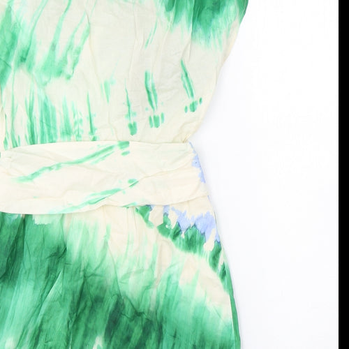 Zara Womens Green Geometric Polyester Mini Size M Round Neck Hook & Eye