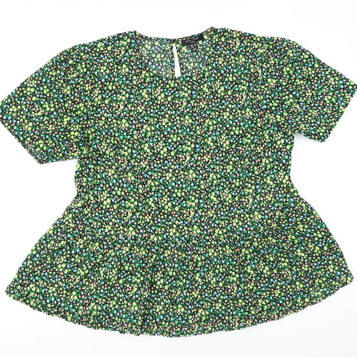 New Look Womens Green Floral Polyester Basic T-Shirt Size 18 Round Neck