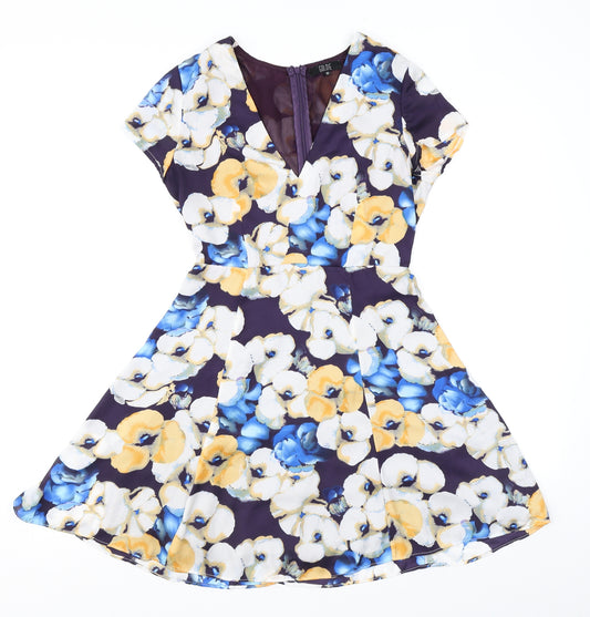 Goldie Womens Blue Floral Polyester Skater Dress Size XS V-Neck Zip
