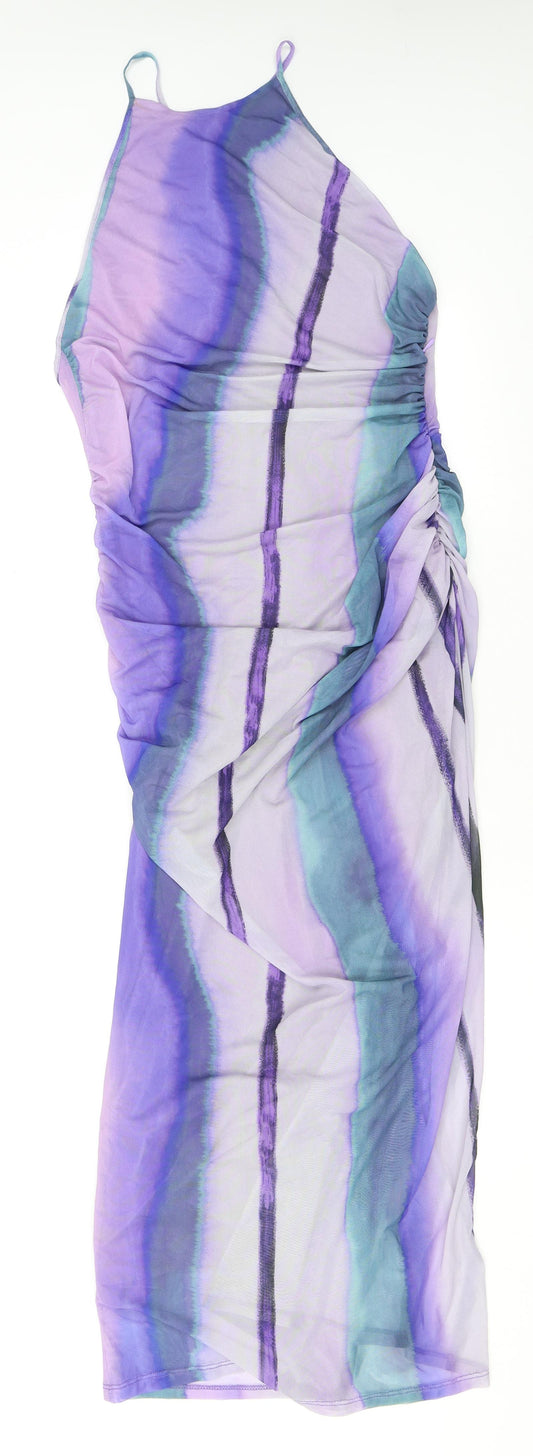 Zara Womens Purple Striped Polyester Slip Dress Size XL Halter Tie