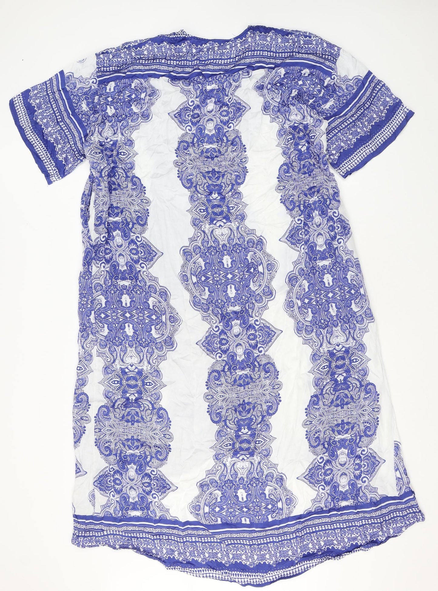 H&M Womens Blue Geometric Viscose T-Shirt Dress Size S V-Neck Pullover