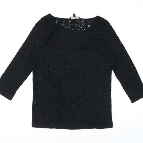 Laura Ashley Womens Black Polyester Basic Blouse Size 14 Scoop Neck