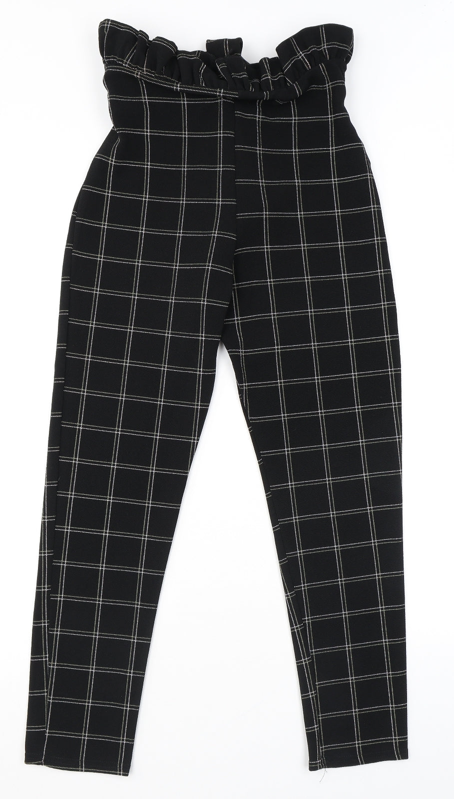 PRETTYLITTLETHING Womens Black Check Polyester Trousers Size 12 L26 in Regular - Paperbag Waist Belted