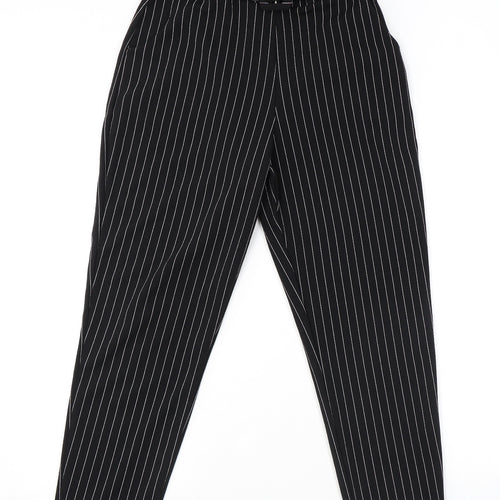 Boohoo Womens Black Striped Polyester Trousers Size 12 L26 in Regular Buckle - Belted Paperbag Waist