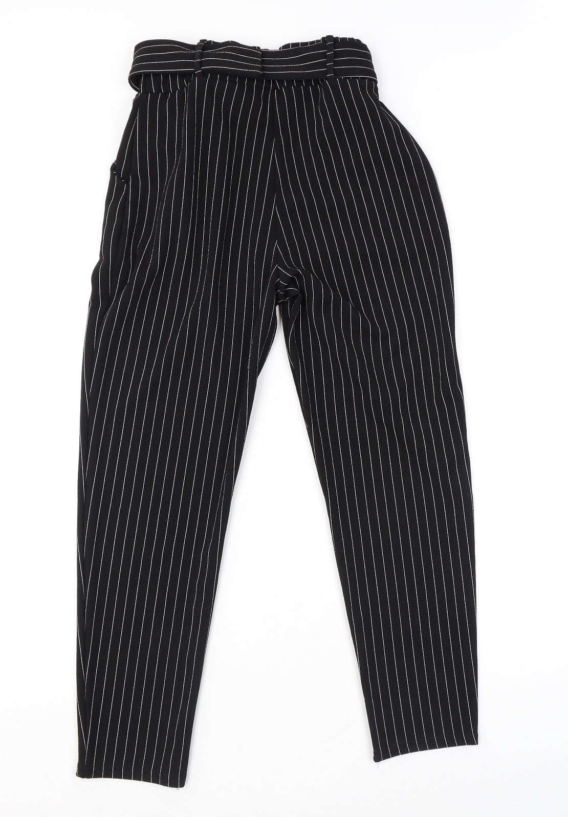 Boohoo Womens Black Striped Polyester Trousers Size 12 L26 in Regular Buckle - Belted Paperbag Waist