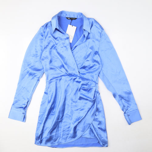 Zara Womens Blue Polyester A-Line Size S Collared Zip