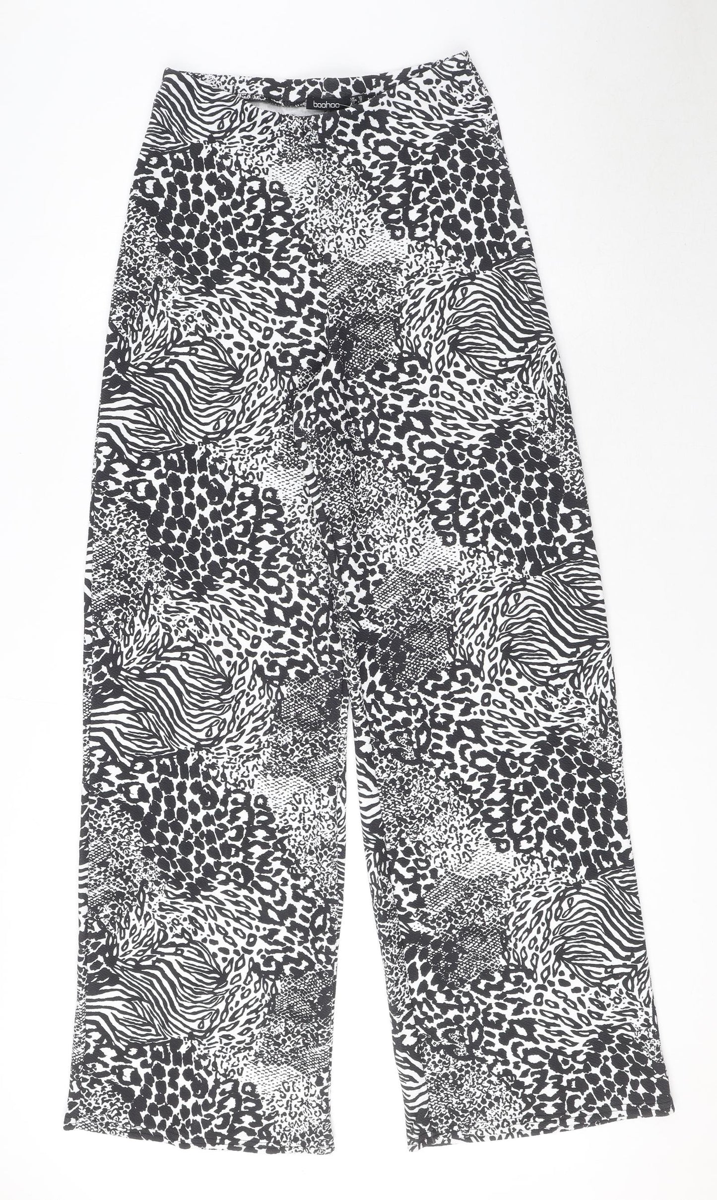 Boohoo Womens Black Animal Print Polyester Trousers Size 12 L31 in Regular - Leopard Tiger Snake Cheetah Print