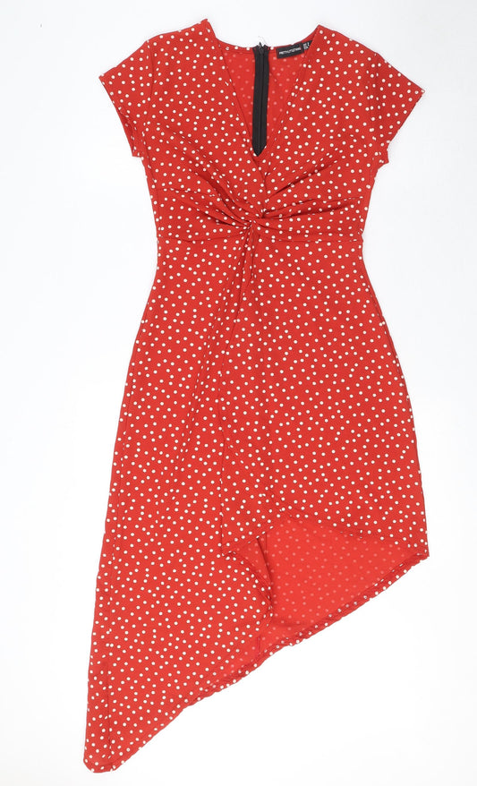 PRETTYLITTLETHING Womens Red Polka Dot Polyester Fit & Flare Size 8 V-Neck Zip