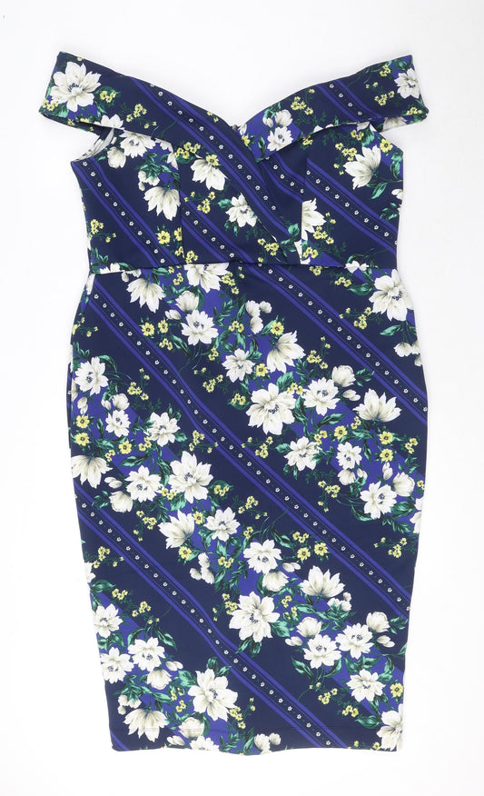 JD Williams Womens Blue Geometric Polyester Pencil Dress Size 18 Off the Shoulder Zip - Floral