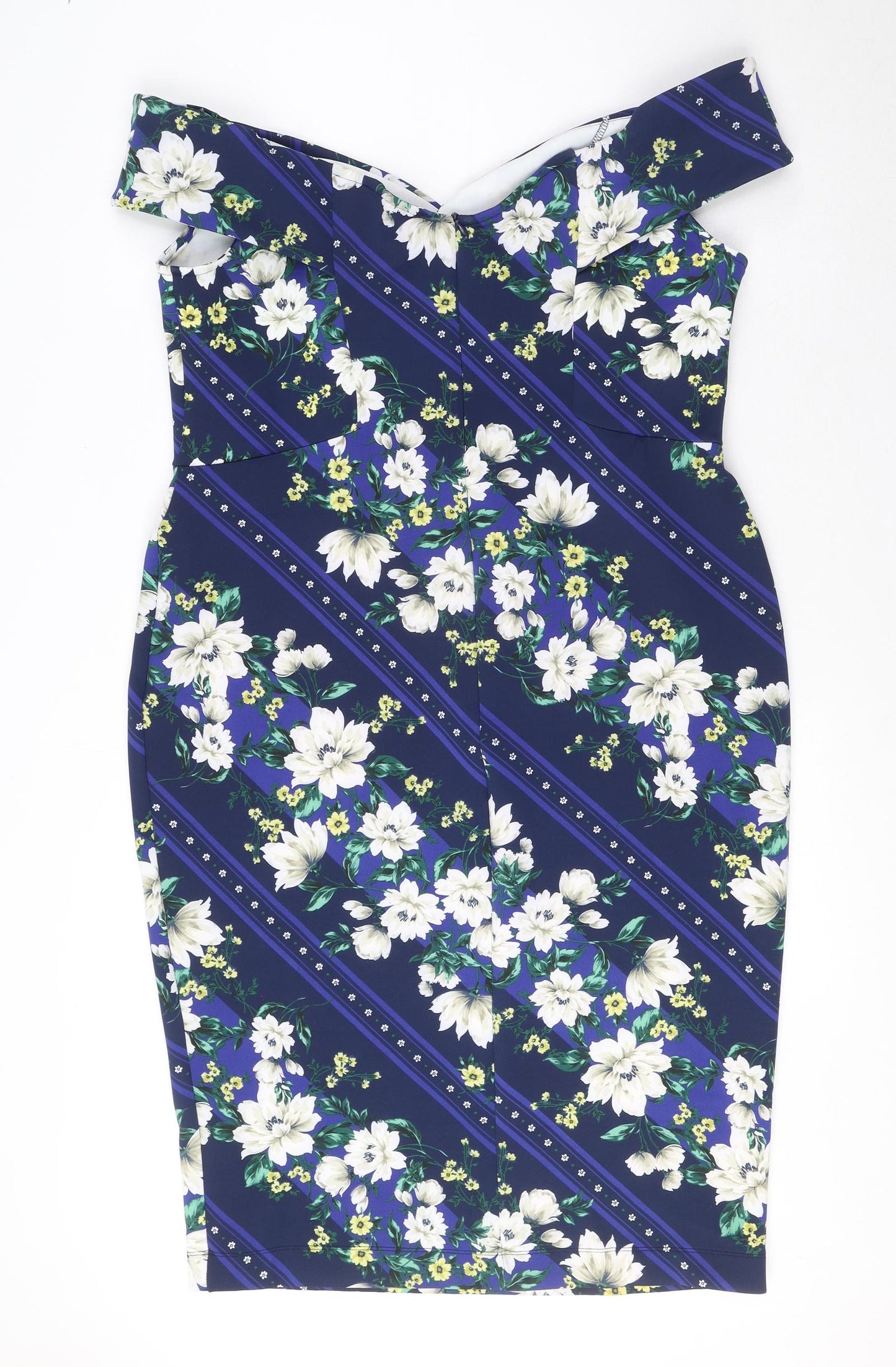 JD Williams Womens Blue Geometric Polyester Pencil Dress Size 18 Off the Shoulder Zip - Floral