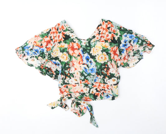 Zara Womens Multicoloured Floral Viscose Cropped Blouse Size M V-Neck