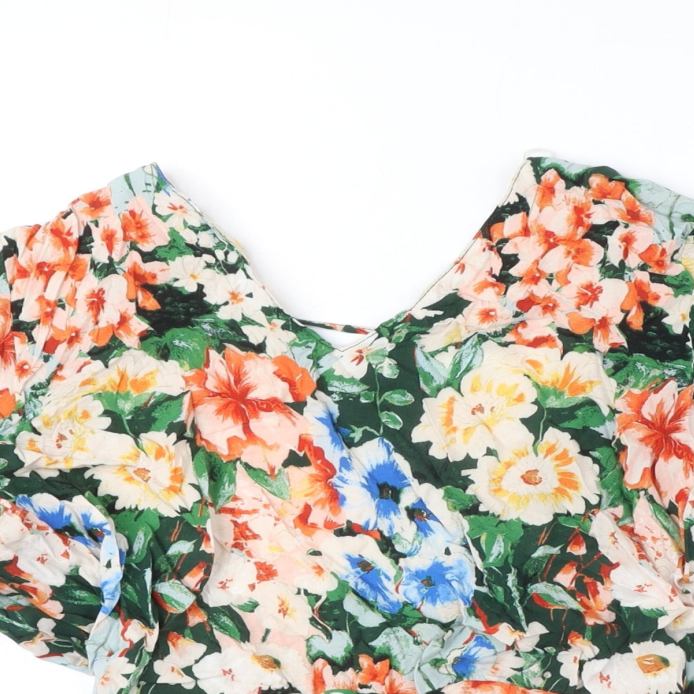 Zara Womens Multicoloured Floral Viscose Cropped Blouse Size M V-Neck