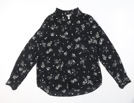H&M Womens Black Floral Polyester Basic Button-Up Size 8 Mock Neck