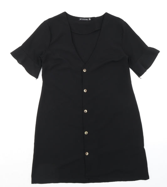 PRETTYLITTLETHING Womens Black Polyester A-Line Size 8 V-Neck Button