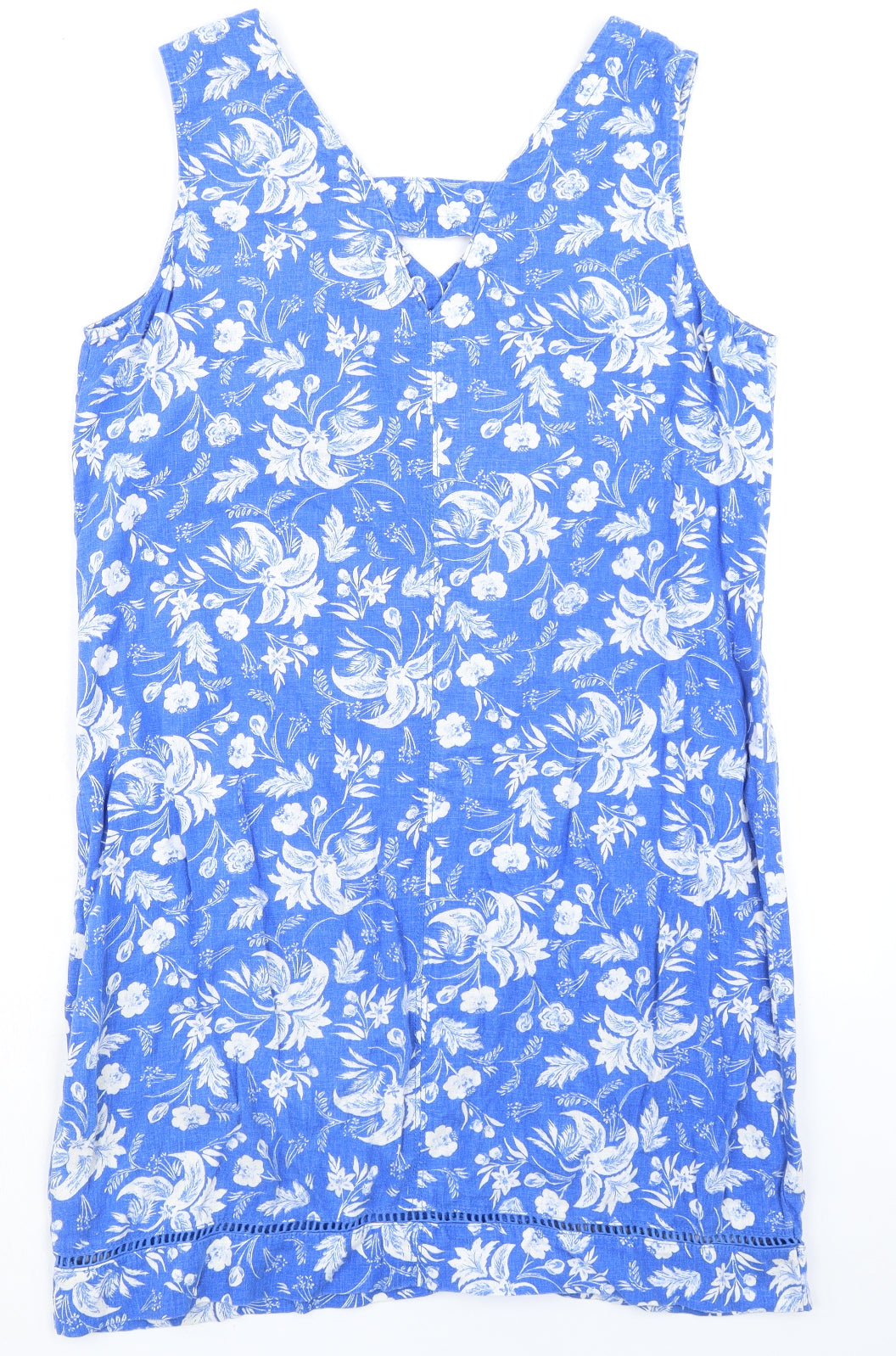 NEXT Womens Blue Floral Linen A-Line Size 12 V-Neck Pullover