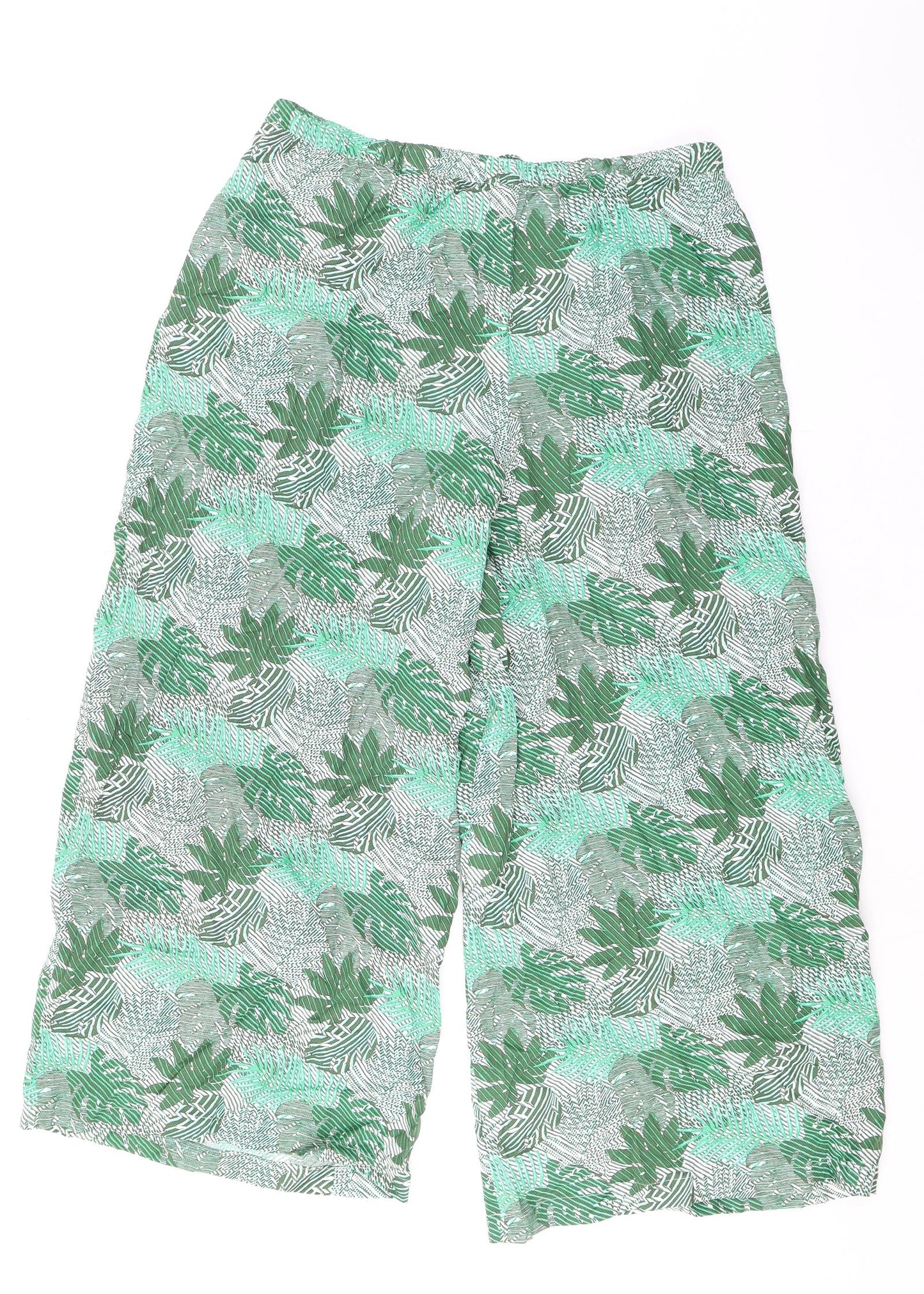 Marks and Spencer Womens Green Geometric Viscose Cropped Trousers Size 14 L25 in Regular Drawstring