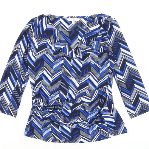 Jasper Conran Womens Blue Geometric Polyester Basic Blouse Size 8 Cowl Neck