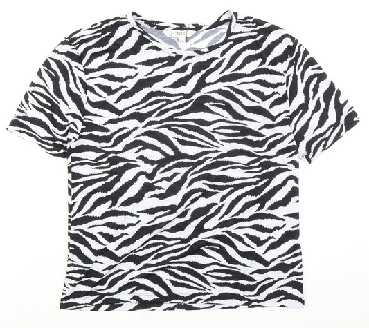 Marks and Spencer Womens Black Animal Print Polyester Basic T-Shirt Size 8 Round Neck - Zebra Print