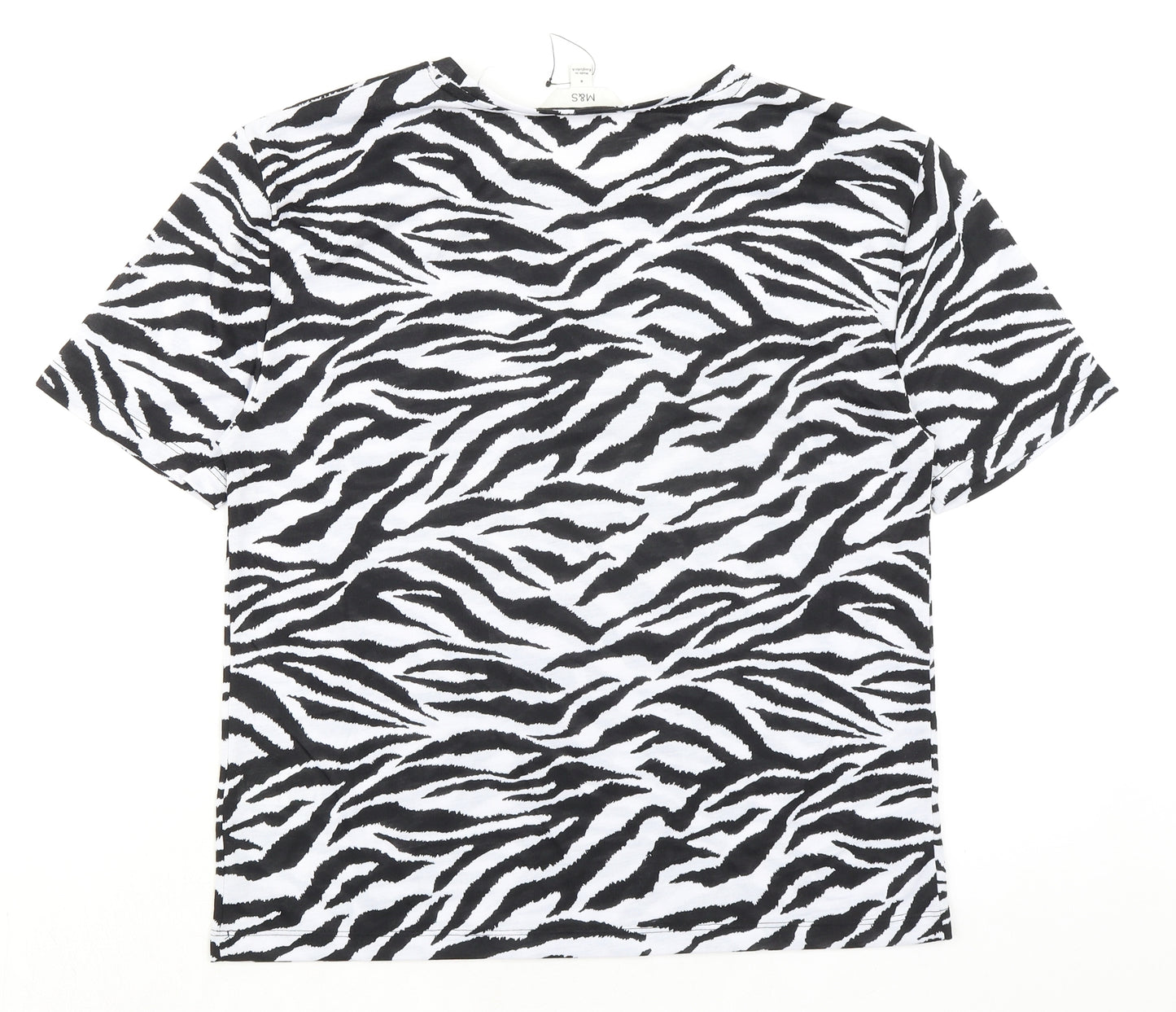 Marks and Spencer Womens Black Animal Print Polyester Basic T-Shirt Size 8 Round Neck - Zebra Print