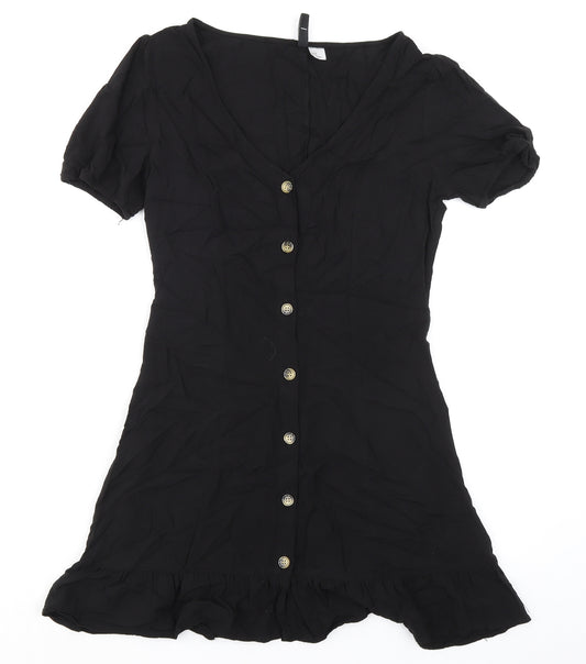 Divided by H&M Womens Black Viscose Skater Dress Size 10 V-Neck Button