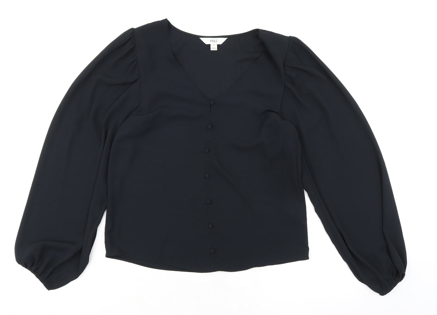 Marks and Spencer Womens Black Polyester Basic Blouse Size 8 V-Neck