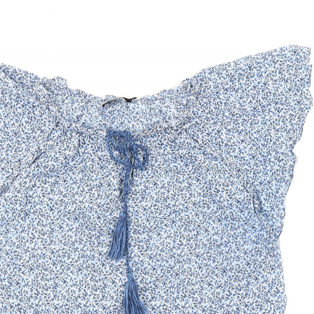 Per Una Womens Blue Floral 100% Cotton Basic Blouse Size 12 Round Neck