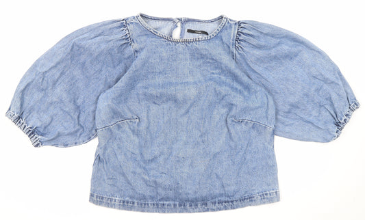George Womens Blue Cotton Basic Blouse Size 14 Round Neck