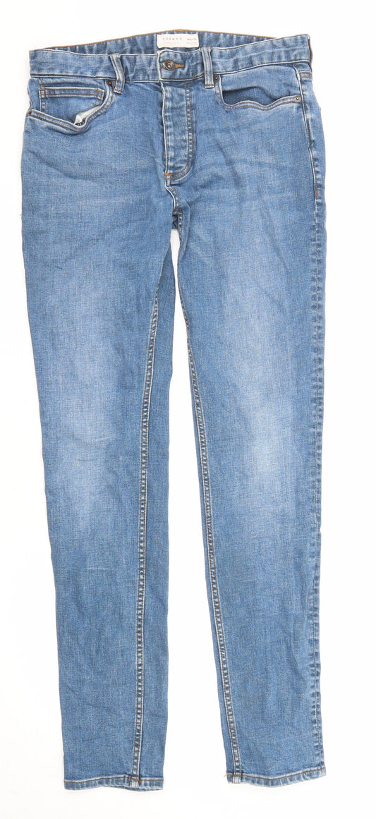 Topman Mens Blue Cotton Skinny Jeans Size 32 in L34 in Regular Zip