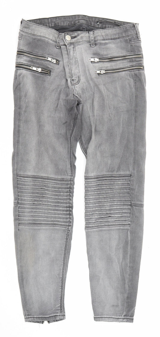 Zara Womens Grey Cotton Skinny Jeans Size 12 L26 in Regular Zip - Ribbed Detail